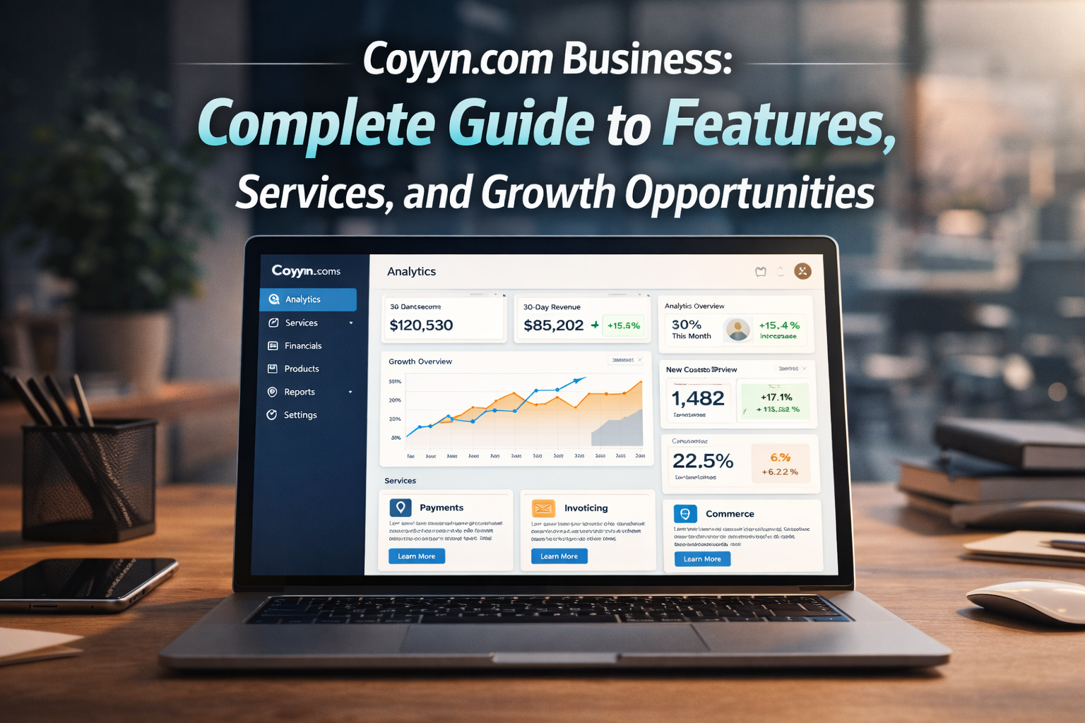 Coyyn.com business platform dashboard showing features, services, and growth opportunities online