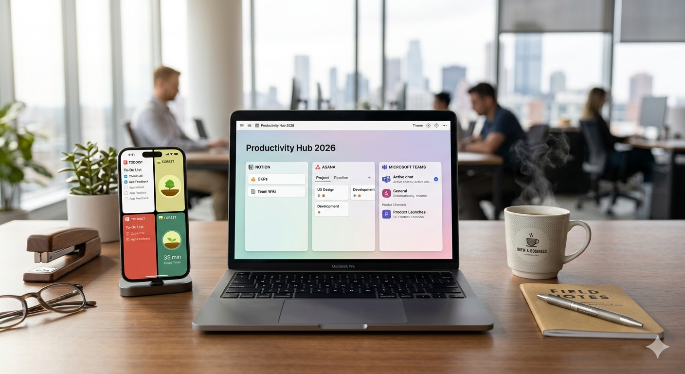 Devices showing best productivity apps for work and business in professional office environment