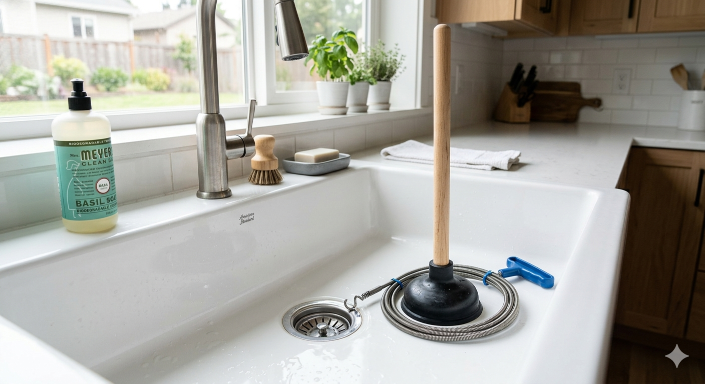 Plunger and drain snake tools for unblocking drains without chemicals near kitchen sink
