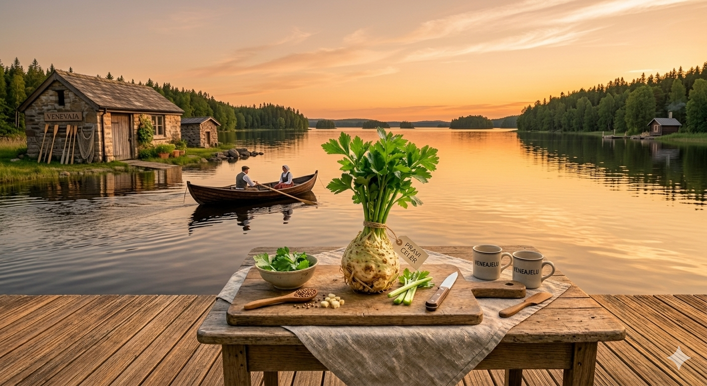 Traditional veneajelu boat journey on a tranquil Finnish lake with forest scenery