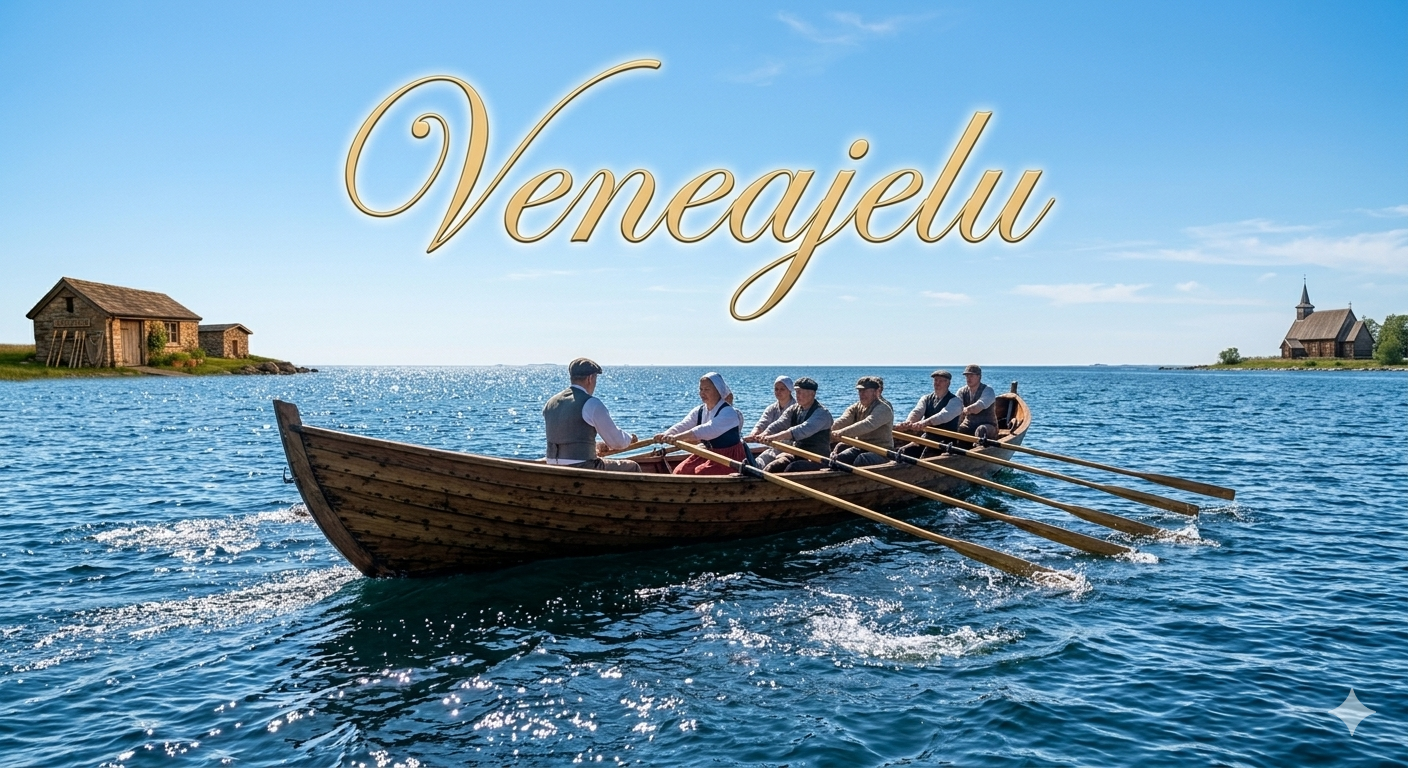 Traditional veneajelu boat journey on a tranquil Finnish lake with forest scenery